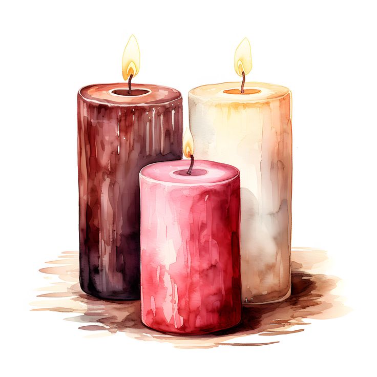 three different colored candles sitting next to each other on a white surface with watercolor paint