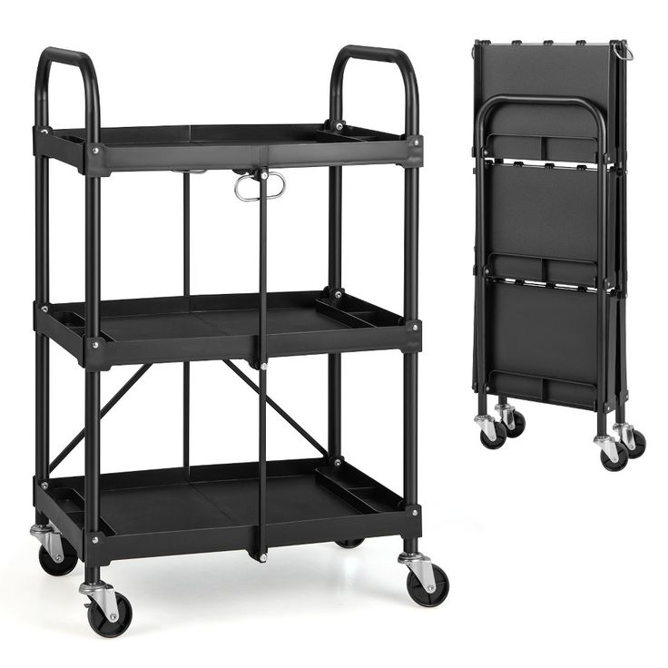 two black utility carts with wheels on each side and one holding a large tray for storing items