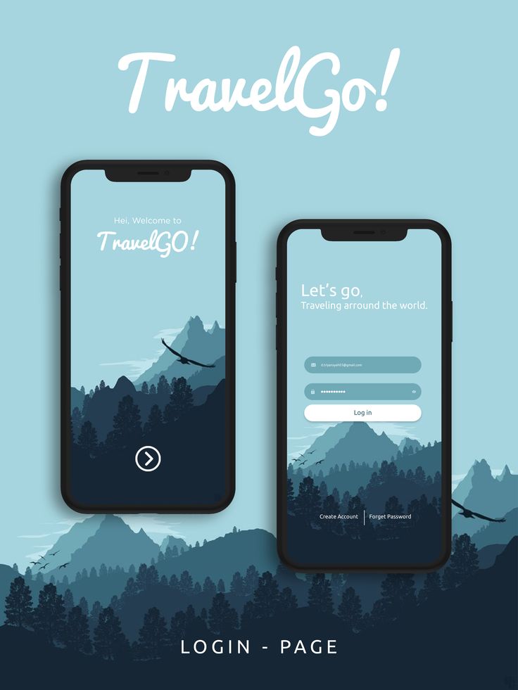 two smartphones with the words travel go on them and an image of mountains in the background