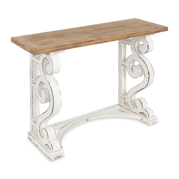 a white wooden bench with scroll designs on the top and bottom part, against a white background