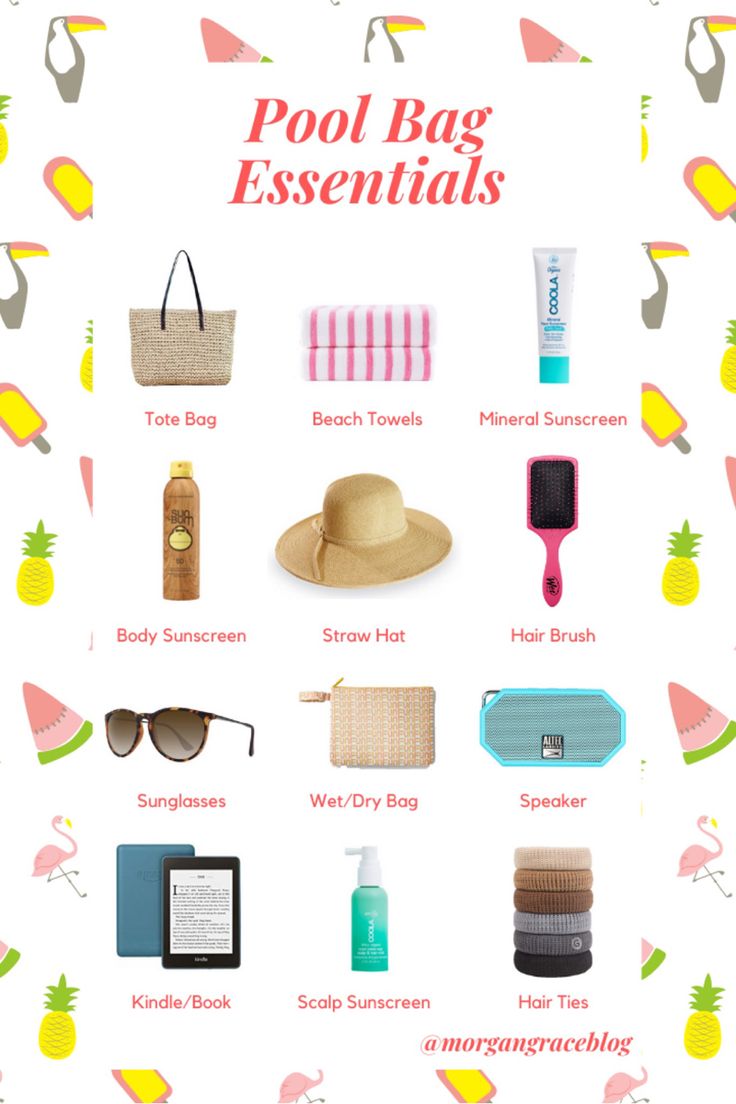 a poster with the words pool bag essentials on it