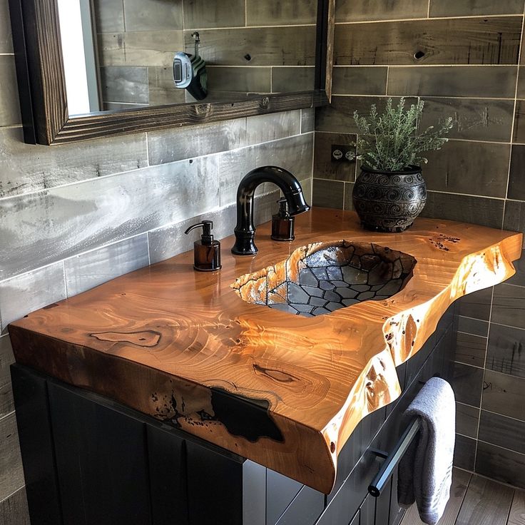 a wooden sink counter in a bathroom