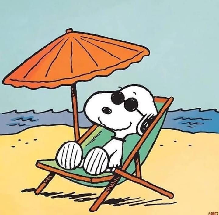 a cartoon dog sitting in a lawn chair on the beach with an umbrella over his head