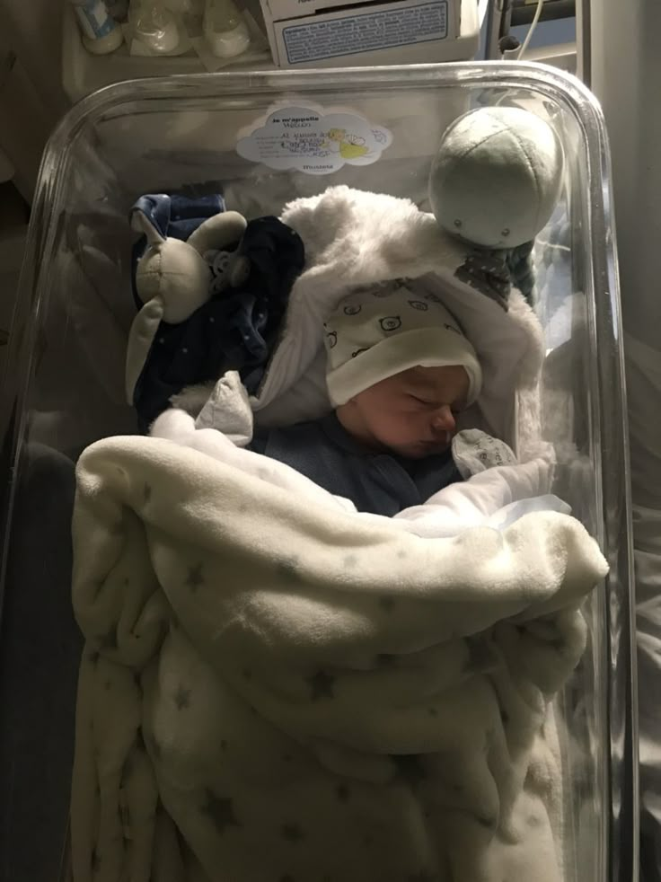 a baby is sleeping in a clear container with blankets and hats on it's head