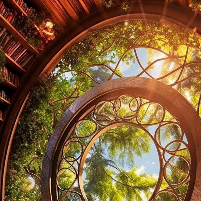 the inside of a circular window with trees and plants on it in front of a bookshelf