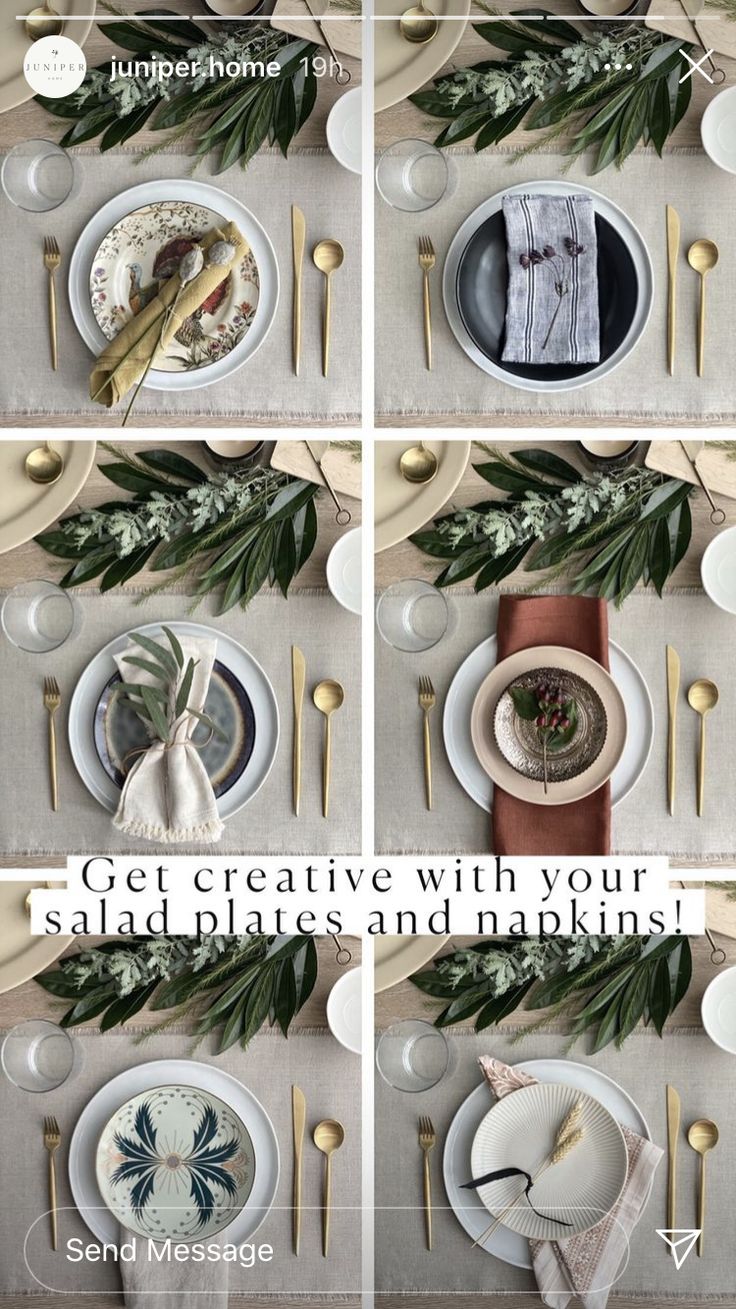 four different pictures of plates and silverware on a table with text that reads get creative with your salad dishes and napkins