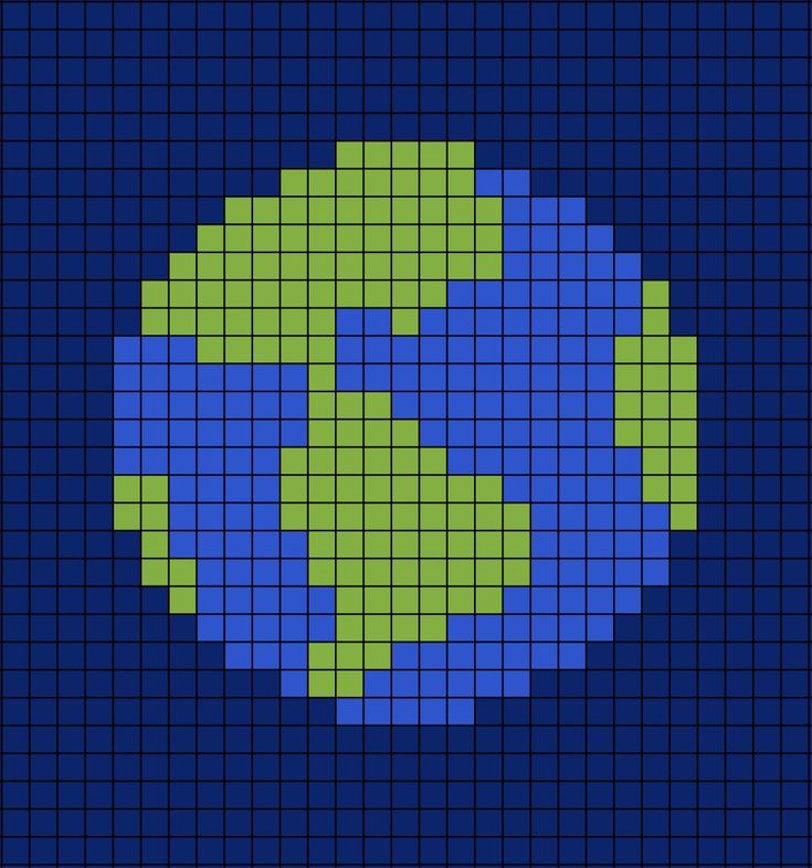 A pixel art template of planet Earth in a cartoon form (green and blue). Planet Perler Beads, Planets Pixel Art, Earth Pixel Art, Planet Pixel Art, Pixel Earth, Fashion Wall Art Bedroom Decor, Planet Cross Stitch, Pixel Art Easy, Pixel Planet