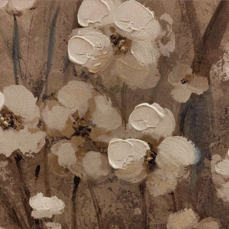 an abstract painting of white flowers on a brown background