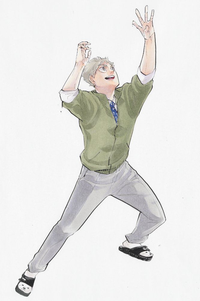 a drawing of an older man jumping up in the air with his arms outstretched and hands raised