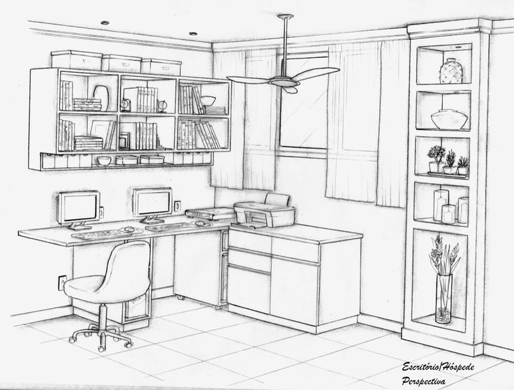 a drawing of a home office with desk and shelves