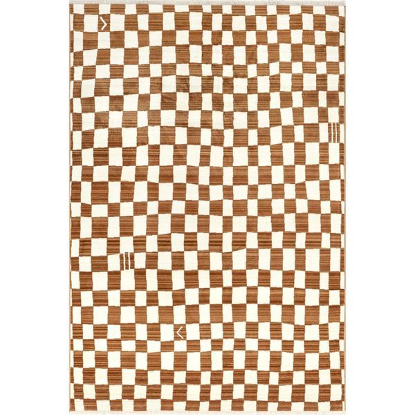 a brown and white checkered rug on a white background