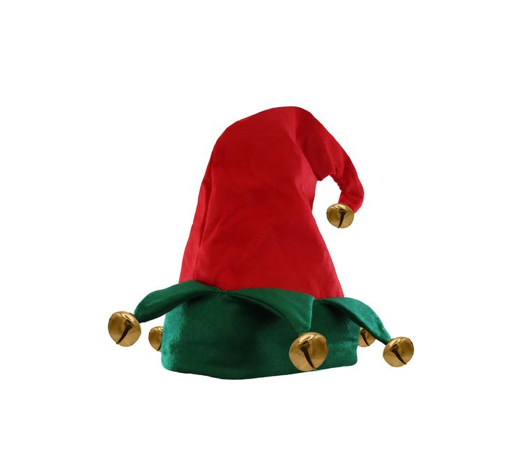 a red and green elf hat with bells hanging from it's side on a white background