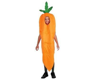 a man in an orange carrot costume is standing with his head turned to the side