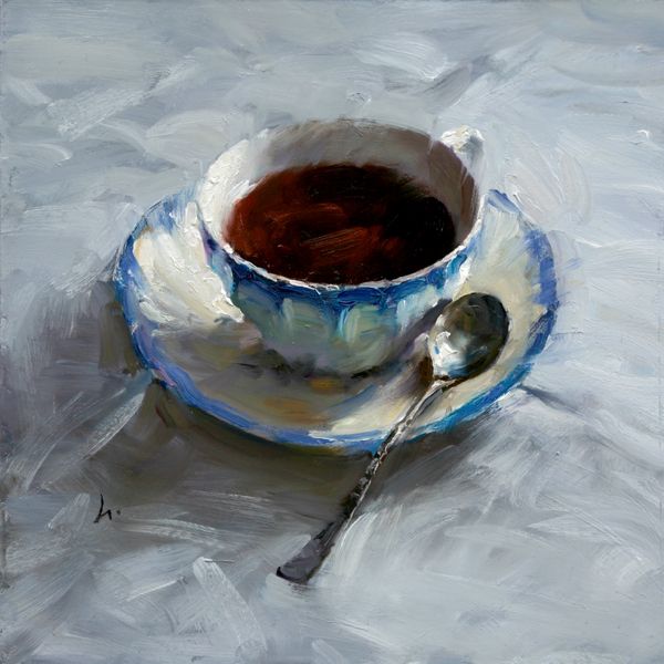 a painting of a tea cup and spoon