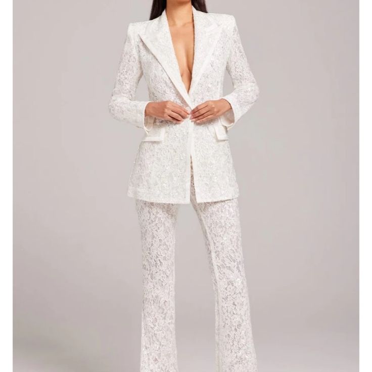 Romantic White Blazer & Matching Pants. Made From Luxurious Lace Embroidered With Sequins. Fully Lined With Soft Mesh And Satin Detailing For An Added Touch Of Elegance. Satin Button To The Front And Sleeve Cuff, Satin Trim Detailing, Pocket Detailing. Perfect For A Bride. All Tags On, In Original Boxes. White Lace Pants, Wedding Brainstorming, Nadine Merabi, Lace Suit, Lace Blazer, White Suit, Lace Pants, White Trousers, Pink Suit