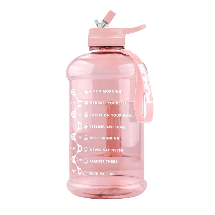 a water bottle with a pink lid and handle