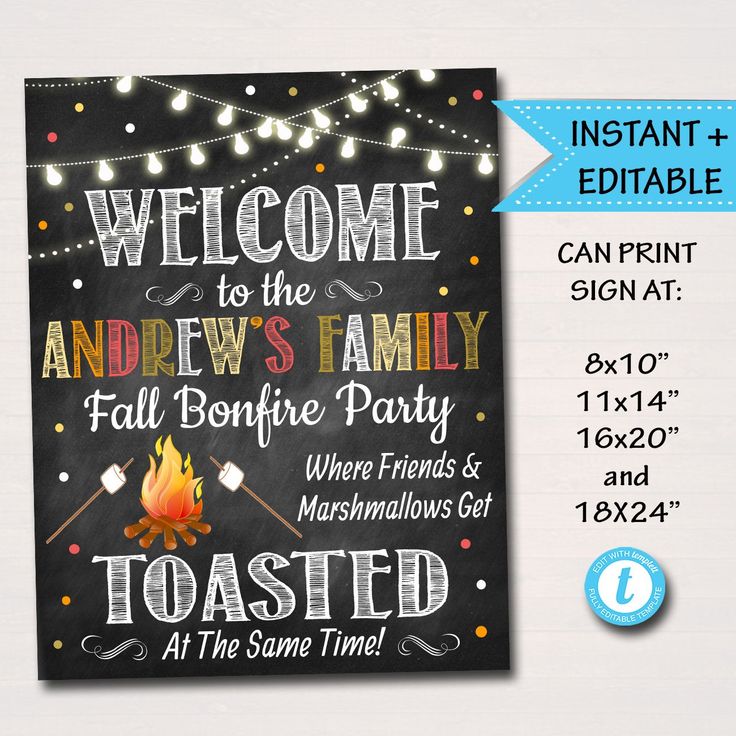 a chalkboard sign with the words, welcome to the andrews family and bonfire party toasted at the same time