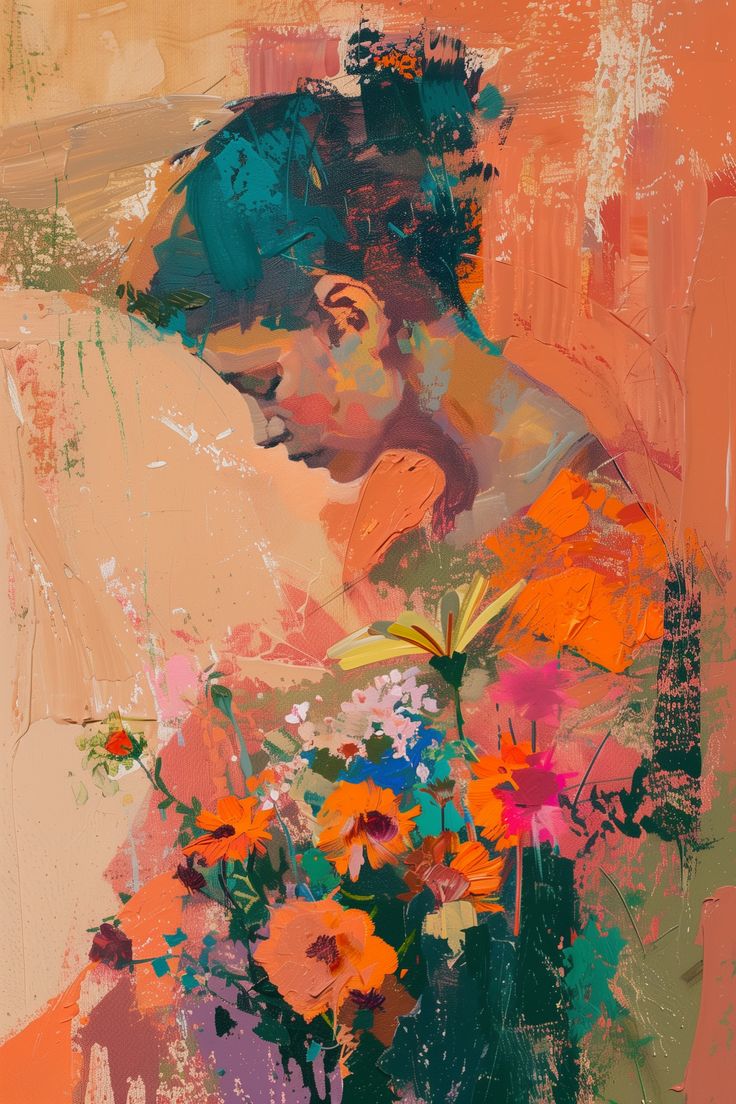 an abstract painting of a woman with flowers in her hand and the background is orange