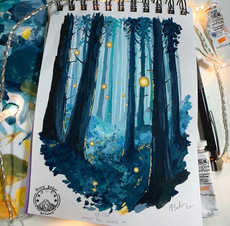 a drawing of a forest with lights in the trees and watercolors on paper