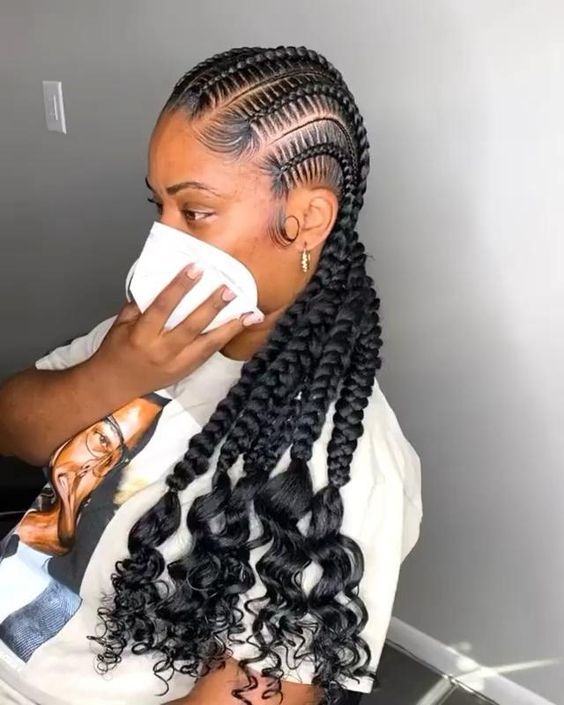 Corn Roll Hairstyles For Black Women, Feed In Cornrows With Curly Ends, Fishtale Braid Black Women, Big Braid Hairstyles For Black Women, 6 Stitch Braids With Curls, Stitch Braids With Bangs, Corn Braids Black Women, Straightback Cornrows Braids With Curls, Cornrows With Curls At The End