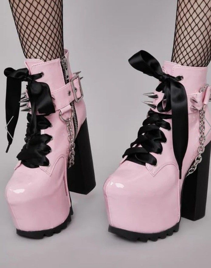 Akira Aesthetic, Pink Platform Boots, Clothes Alt, Goth Platforms, Pink Goth, Leather Platform Boots, Occult Fashion, Goth Shoes, Demonia Shoes