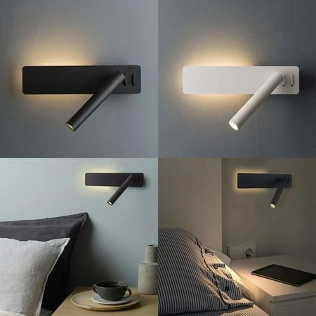 four different angles of a light on a wall above a bed with pillows and blankets