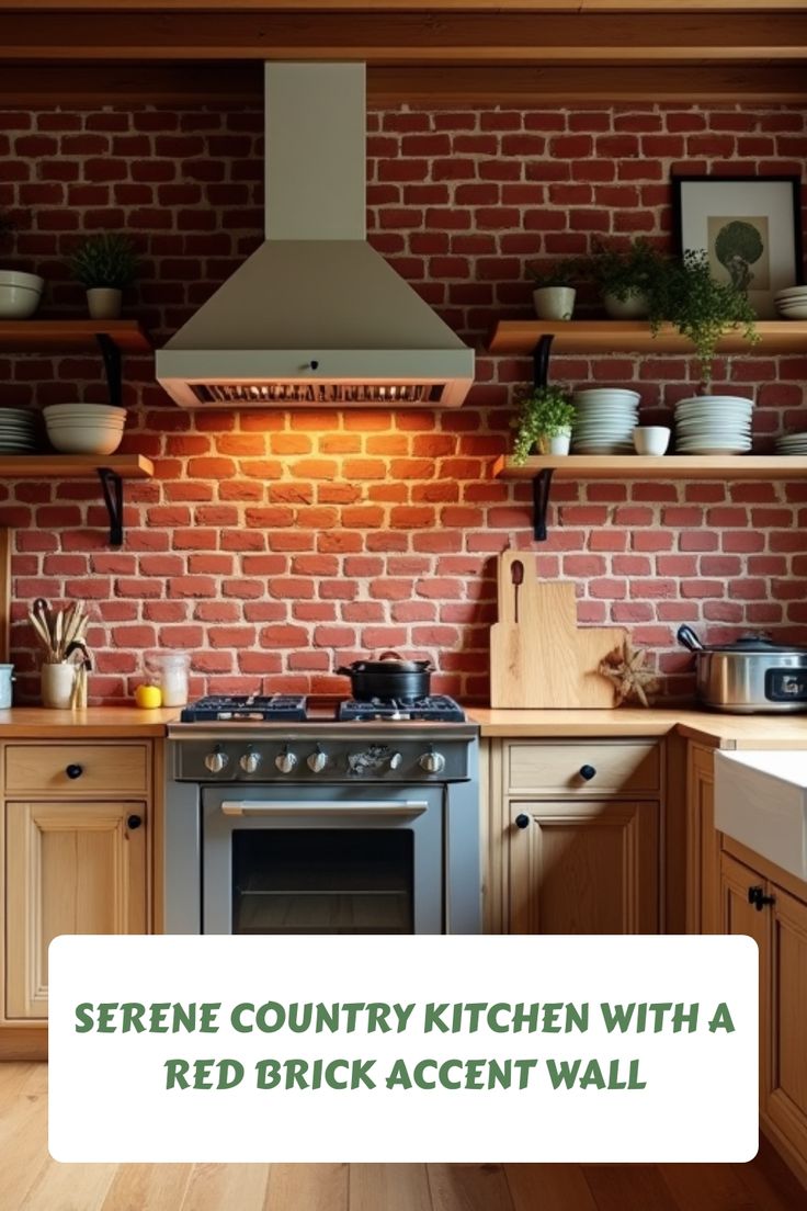 a brick wall in a kitchen with shelves and pots on the stove top above it