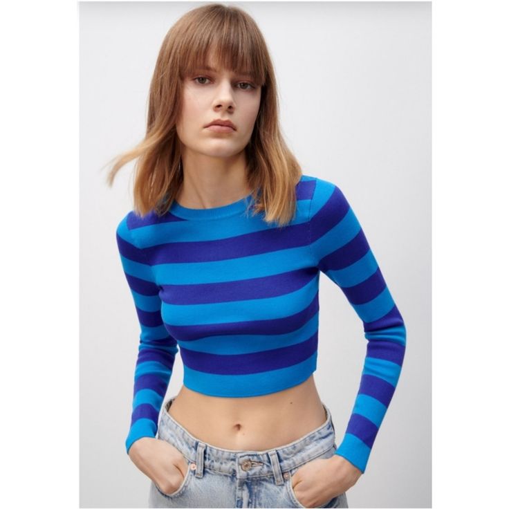 Nwt Zara Striped Cropped Sweater Super Cute And Trendy Cropped Top. Long Sleeve, Fitted, Round Neck. New With Tags Size S B3 Knit Crop Top Zara, Zara Basic Cropped Knit Top, Chic Blue Crew Neck Top, Blue Cropped Top For Fall, Blue Tops For Fall, Blue Zara Tops For Winter, Trendy Blue Zara Tops, Zara Light Blue Tops For Fall, Zara Blue Tops For Fall