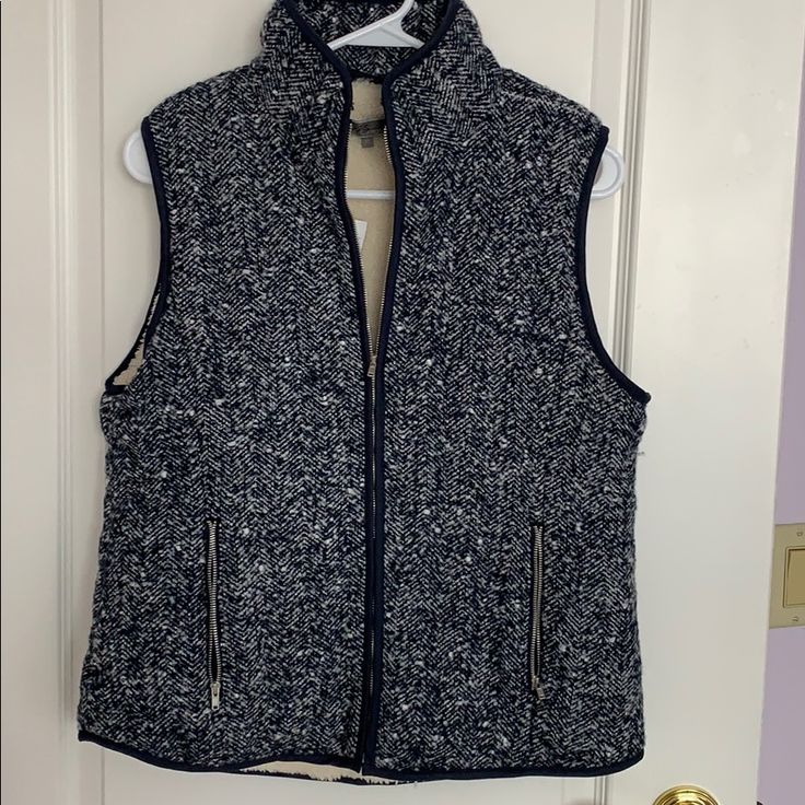 Navy Tweed Vest With Soft Fur Lining. Zipper Pockets. Never Used!! Tweed Vest, Coats Women, Womens Vest, Zipper Pocket, Coats For Women, Blue White, Blue And White, Jackets For Women, Jackets & Coats