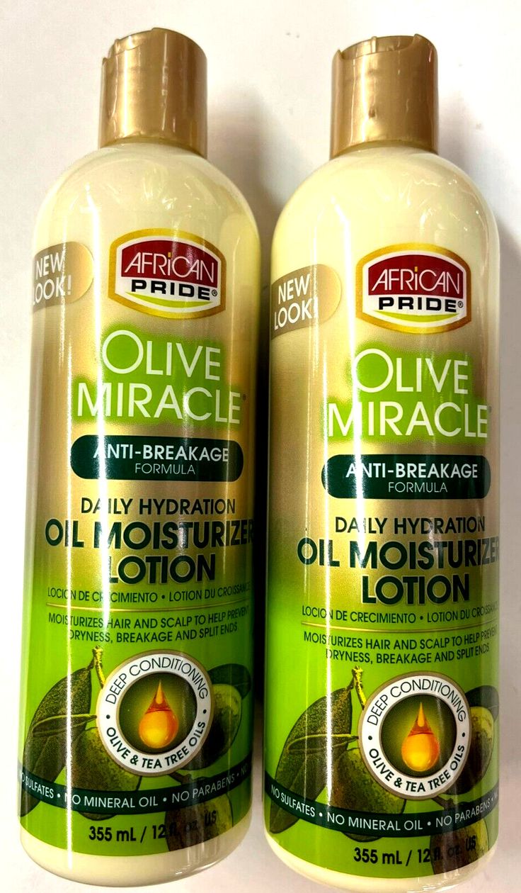 African Pride Olive Miracle  Daily Hydration Oil Moisturizer Lotion 12 oz -2PACK Product Description: Moisturizes Hair and Scalp to Help Prevent Dryness Breakage and Split Ends. Deep Conditoning Olive & Tea Tree Oils No sulfates / No Mineral Oil / No Parabens / No Glutens Repairs Dry, Damaged Hair. Shipping and Handling We usually ship the same day the order is placed as long as it is before 2:00PM (PDT).As your business is greatly appreciated, we take the highest degree of care in making sure y Hair Treatments, Moisturizer For Natural Hair, Olive Miracle, Hair Products For Curly Hair, Hair Repair Treatments, Beauty Formulas, Jeans Cargo, Dry Damaged Hair, Herbal Oil