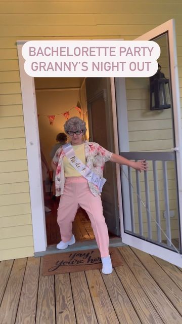 a woman standing on top of a wooden floor next to a door with a sign that says bachelorette party granny's night out