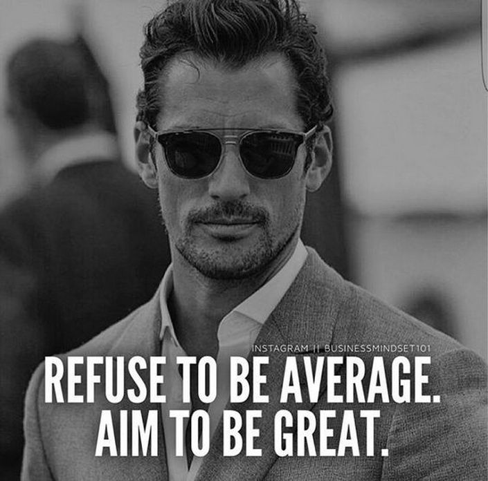 a man wearing sunglasses and a suit with the quote refuse to be average aim to be great