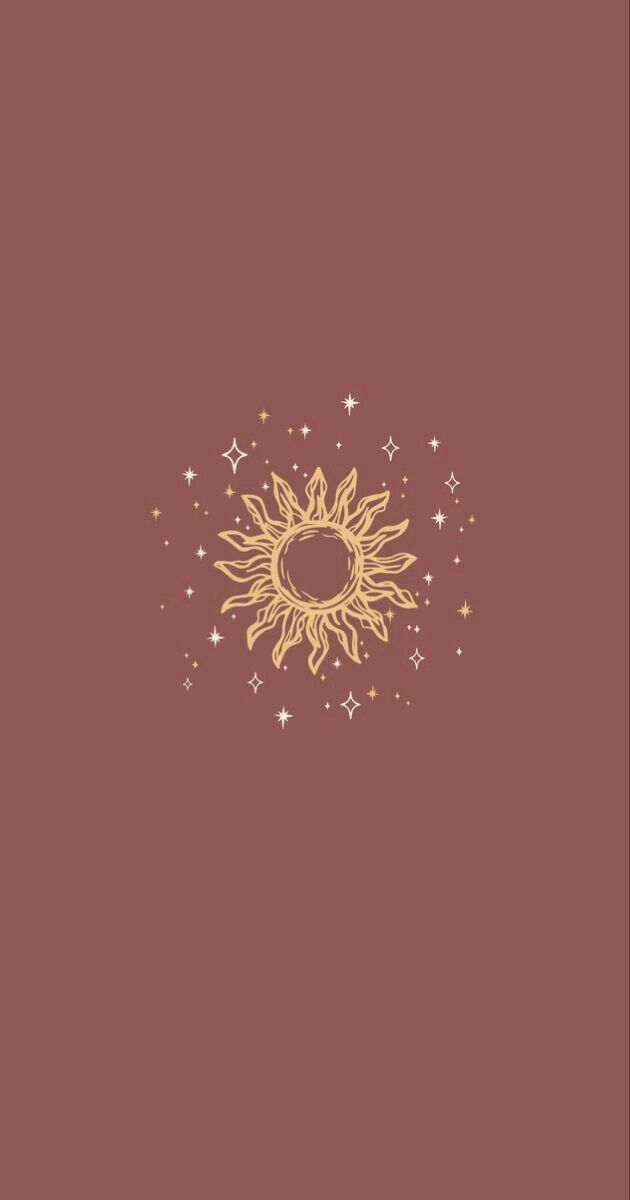 the sun is shining brightly against a brown background with stars and sparkles on it