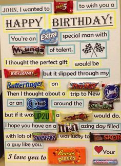 a birthday card with candy bar sayings and pictures on the front, in an office cubicle