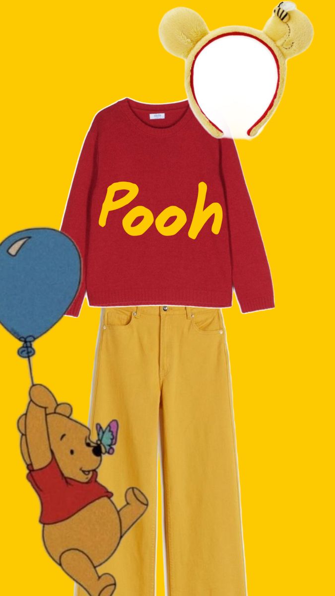 a winnie the pooh shirt and pants with a balloon attached to it, on a yellow background