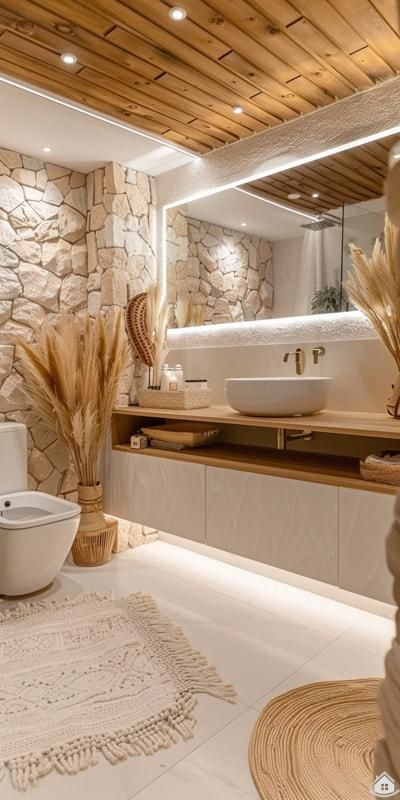 a modern bathroom with stone walls and flooring