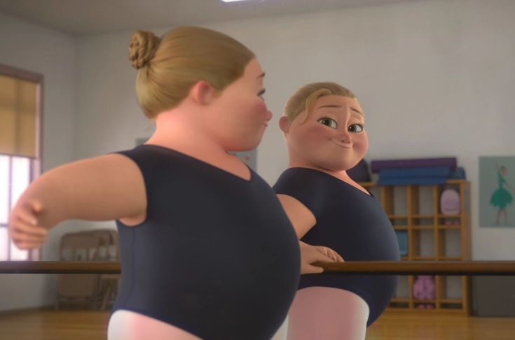 two women in black leotards are facing each other and one woman is wearing a blue leotard