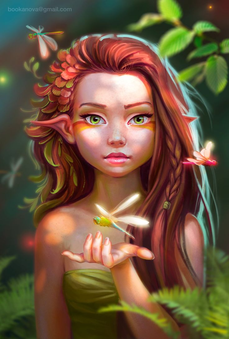 a painting of a girl with long red hair holding a flower in her hand and butterflies flying around her