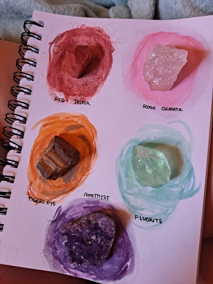 a hand holding a notebook with different colored rocks on it