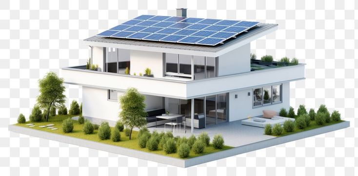 a house with solar panels on the roof and trees in the yard, transparent background