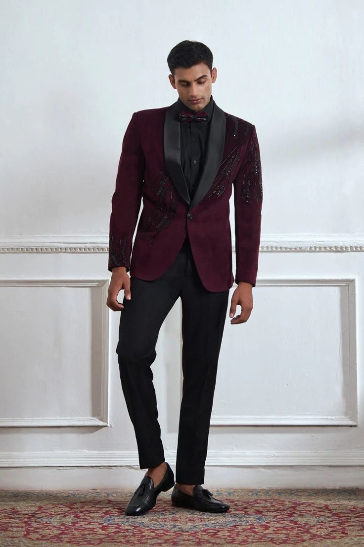 Designer Menswear Tuxedo For Men Color-Black  Colors can be customized as per clients needs as well FABRIC VELVET PATTERN EMBROIDERED  CARE DRY CLEAN ONLY ITEMS INCLUDED SHIRT, JACKET, PANTS, BOW SHOE NOT INCLUDED, ALTHOUGH CAN BE CUSTOMIZED IF THE CLIENT NEEDS (DROP US A MESSAGE IN CASE THERE IS ANY CONFUSION IN THE MEASUREMENTS) Indian Reception Suit For Men, Creative Tuxedo For Men, Wine Color Tuxedo For Men, Reception Attire For Men, Fancy Tuxedo For Men, Velvet Suit Design Men, Ceremony Tuxedo Blazer, Groom's Long Sleeve Tuxedo Set, Tailored Embroidered Tuxedo For Groom