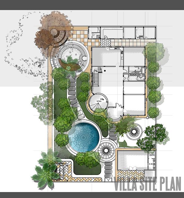 an aerial view of a house with a pool in the center and trees around it