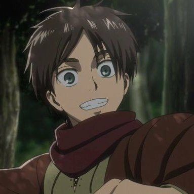 an anime character with big blue eyes and brown hair in the woods looking at something