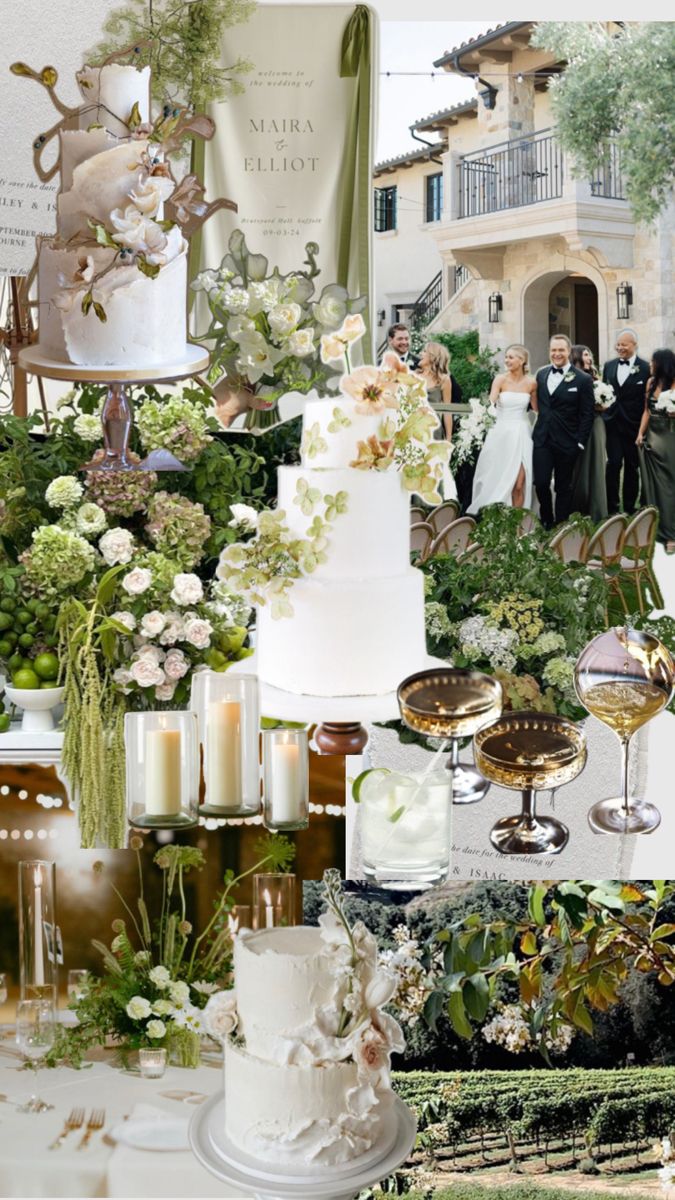 a collage of wedding photos with flowers and candles on the table in front of them