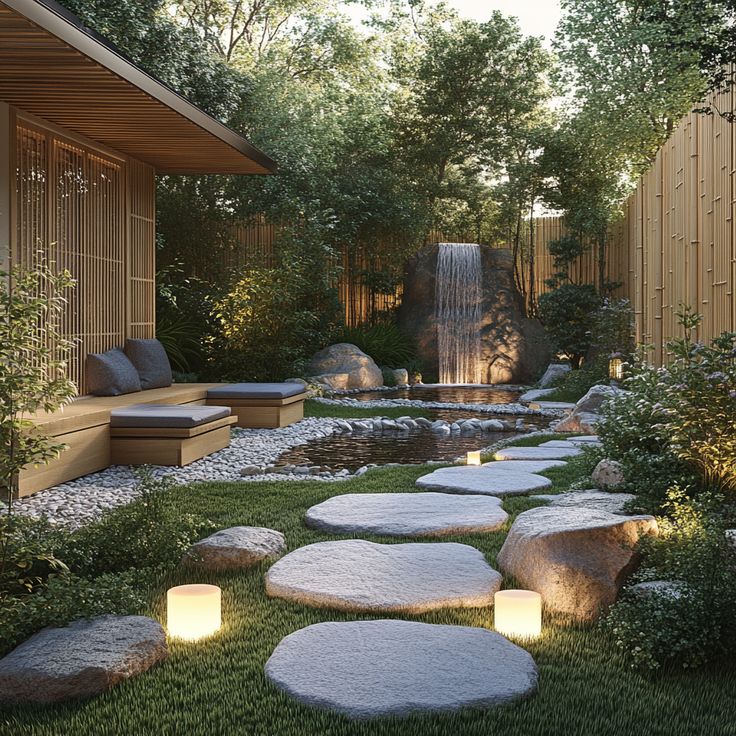 an outdoor garden with stepping stones and lights