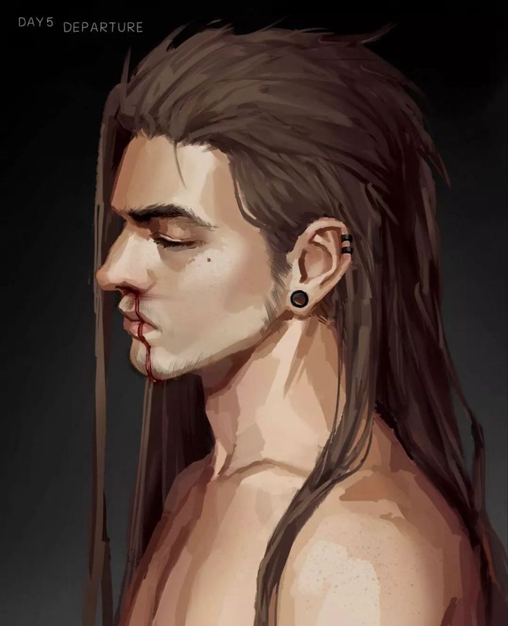 a drawing of a man with long hair and piercings on his ears is shown