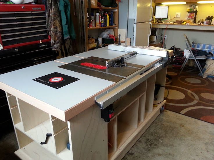 a workbench with tools on it in a garage