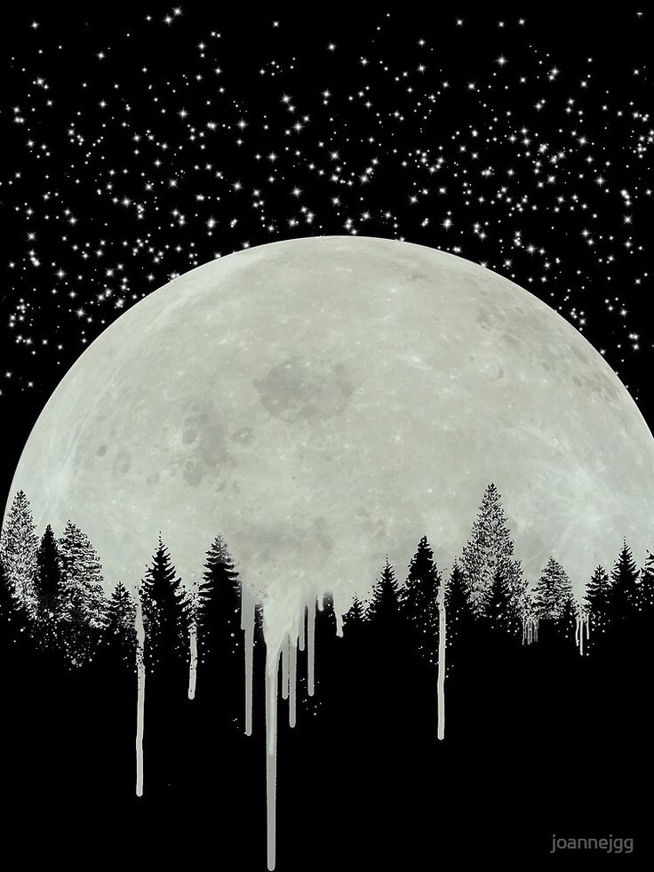 an image of the moon with trees and stars in the sky above it, as well as falling snow