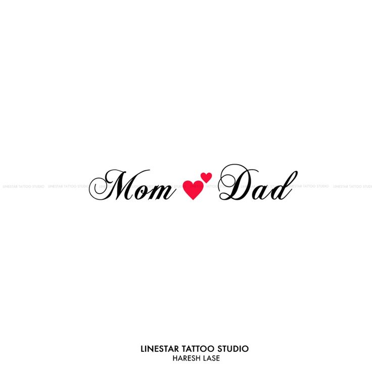 the word mom and dad written in black ink on a white background with a red heart