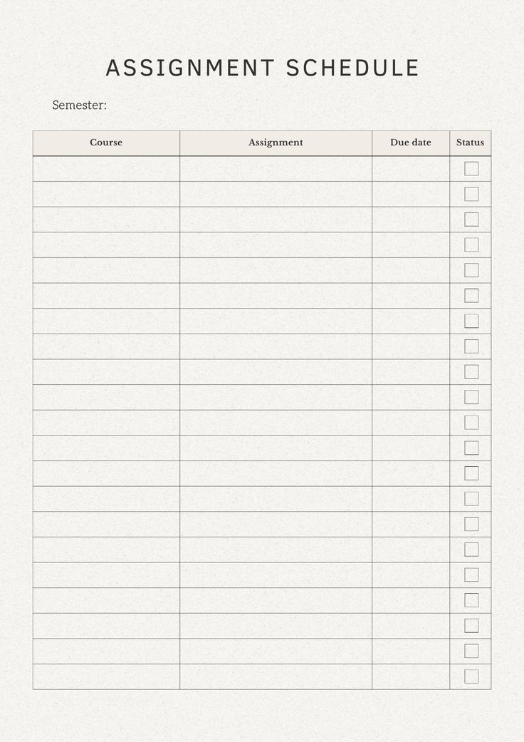 a printable assignment schedule for students to do their homework on the same sheet as shown